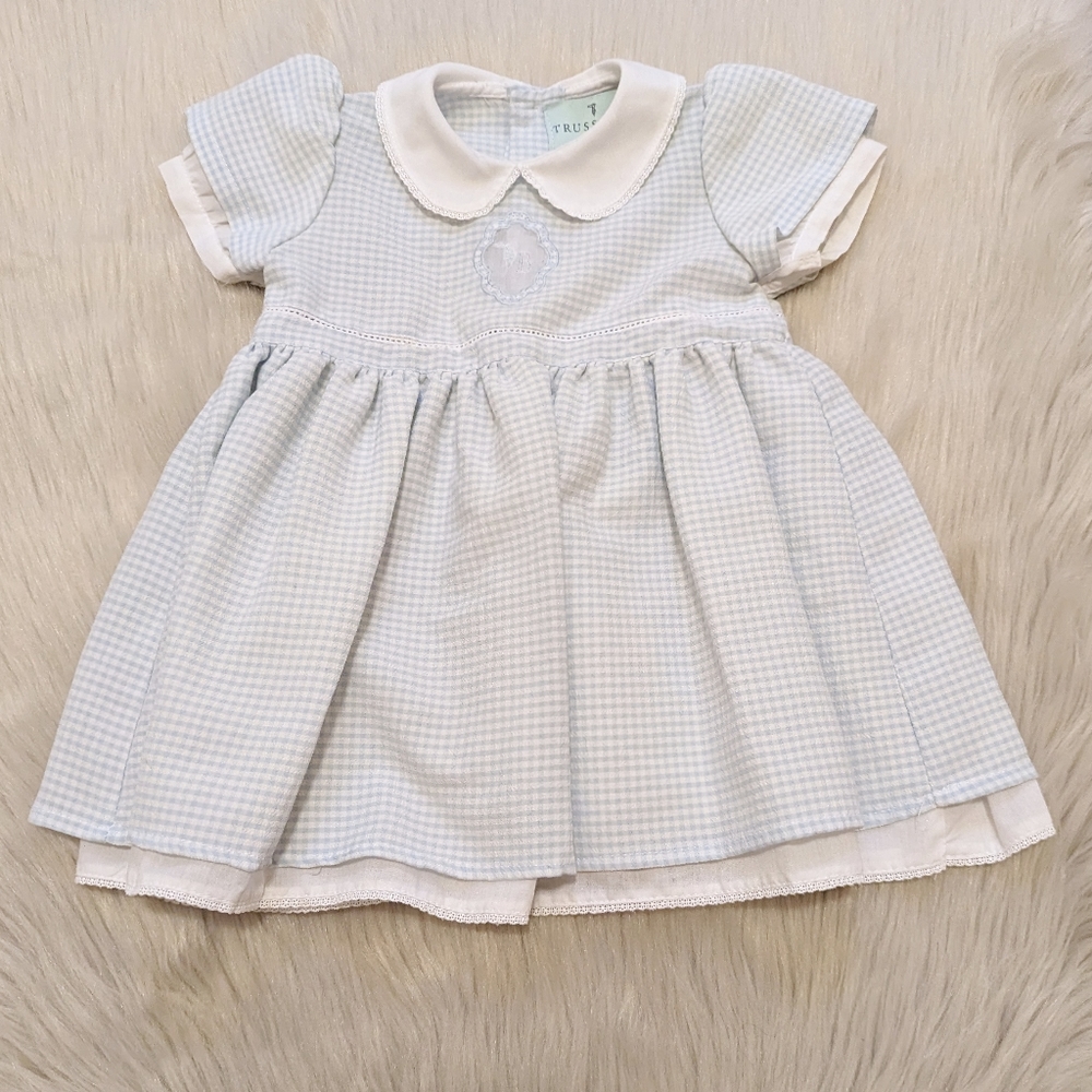 Trussardi Baby blue and white checker print dress size 6 months